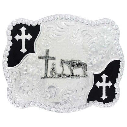 Christian Flourish Scallop Shape Belt Buckle with Christian Cowboy