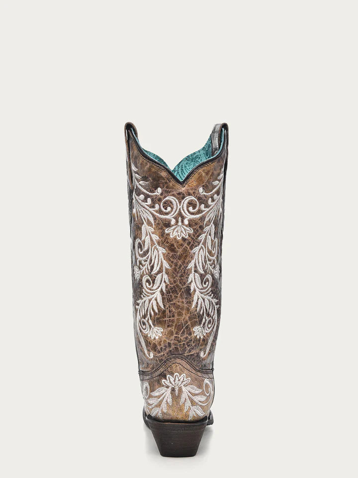 A3753 - WOMEN'S GLOW IN THE DARK WHITE FEATHERED FLORAL EMBROIDERY BROWN SNIP TOE COWBOY BOOT