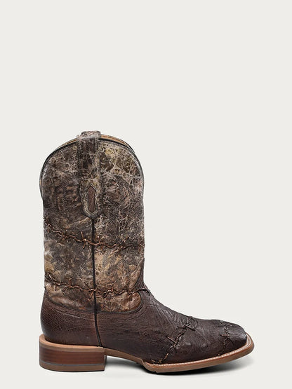 A4556 - MEN'S EMBROIDERY AND WOVEN DETAILS BROWN OSTRICH WIDE SQUARE TOE COWBOY BOOT
