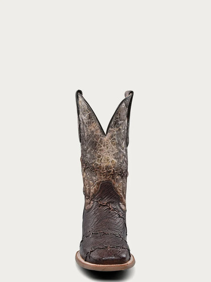 A4556 - MEN'S EMBROIDERY AND WOVEN DETAILS BROWN OSTRICH WIDE SQUARE TOE COWBOY BOOT