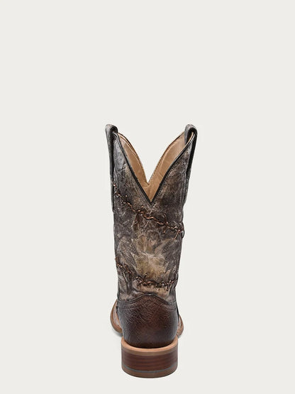 A4556 - MEN'S EMBROIDERY AND WOVEN DETAILS BROWN OSTRICH WIDE SQUARE TOE COWBOY BOOT