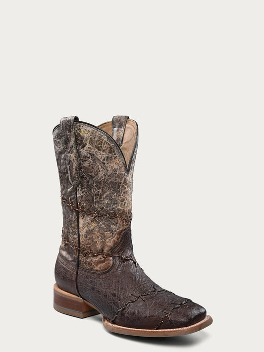 A4556 - MEN'S EMBROIDERY AND WOVEN DETAILS BROWN OSTRICH WIDE SQUARE TOE COWBOY BOOT
