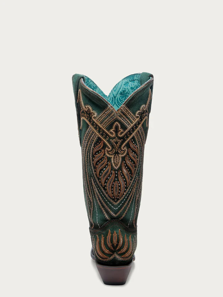 A4714 - WOMEN'S OVERLAY EMBROIDERY AND STUDS GREEN SNIP TOE COWBOY BOOTS