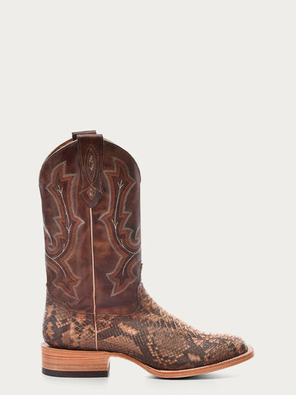 B5000 - MEN'S EMBROIDERY AND GENUINE PYTHON TAUPE WIDE SQUARE TOE COWBOY BOOT