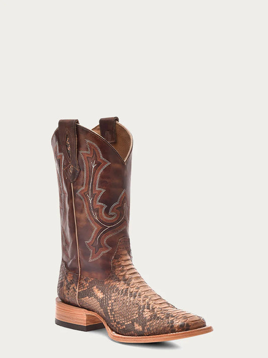 B5000 - MEN'S EMBROIDERY AND GENUINE PYTHON TAUPE WIDE SQUARE TOE COWBOY BOOT