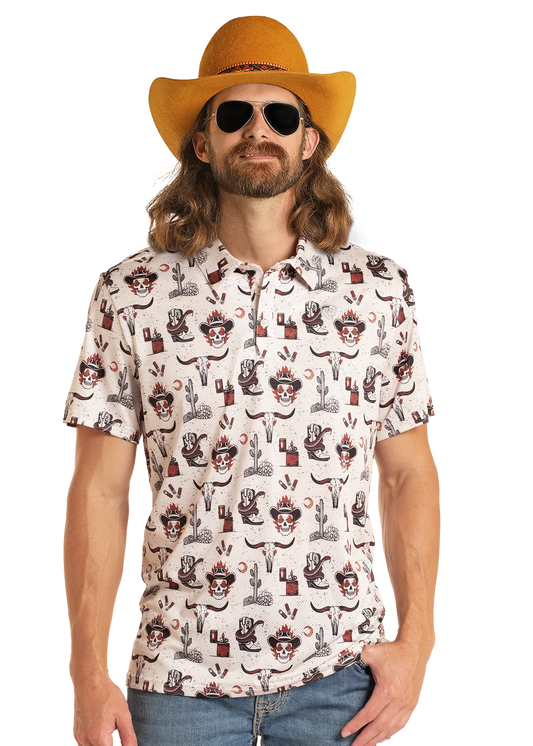 Rock & Roll Denim Dale Brisby Western Skull Print Polo