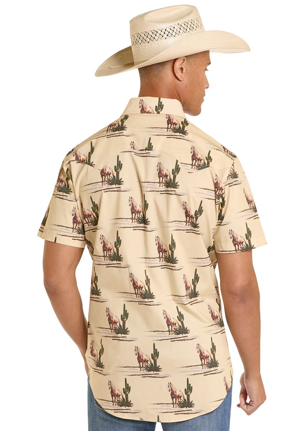 Rock & Roll Denim Novelty Horse Print Short Sleeve Snap Shirt