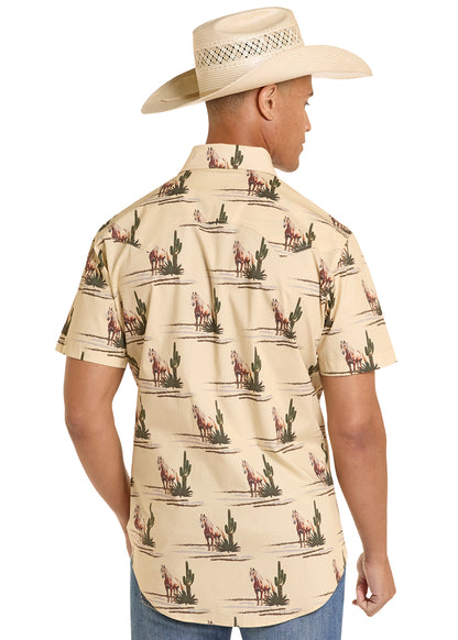 Rock & Roll Denim Novelty Horse Print Short Sleeve Snap Shirt