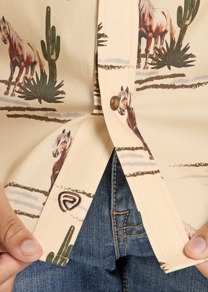Rock & Roll Denim Novelty Horse Print Short Sleeve Snap Shirt