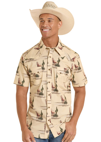 Rock & Roll Denim Novelty Horse Print Short Sleeve Snap Shirt