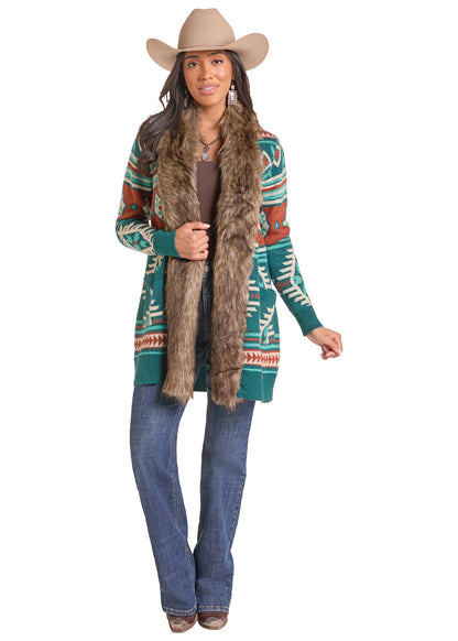 Panhandle Slim Teal Faux Fur Cardigan
