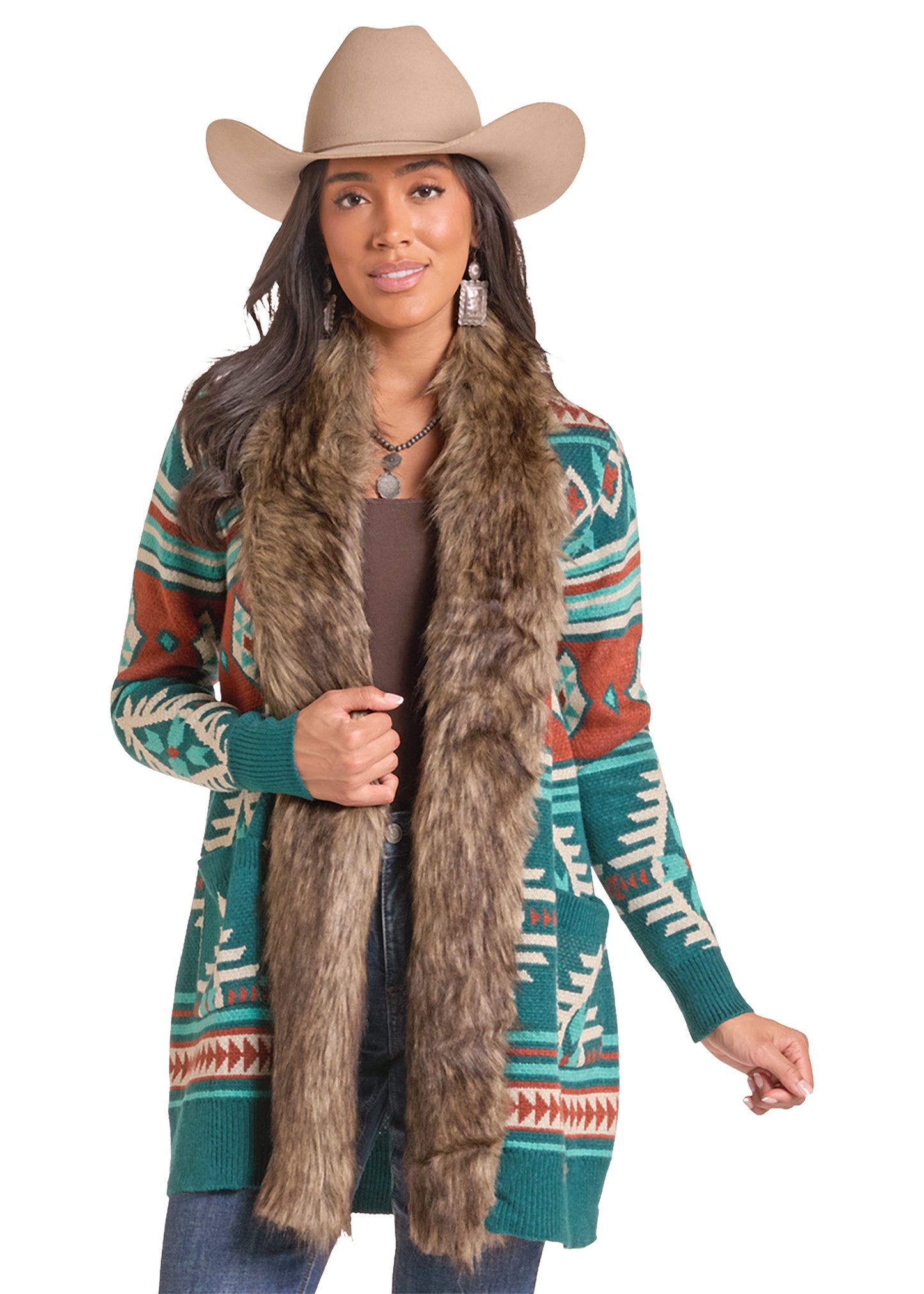 Panhandle Slim Teal Faux Fur Cardigan
