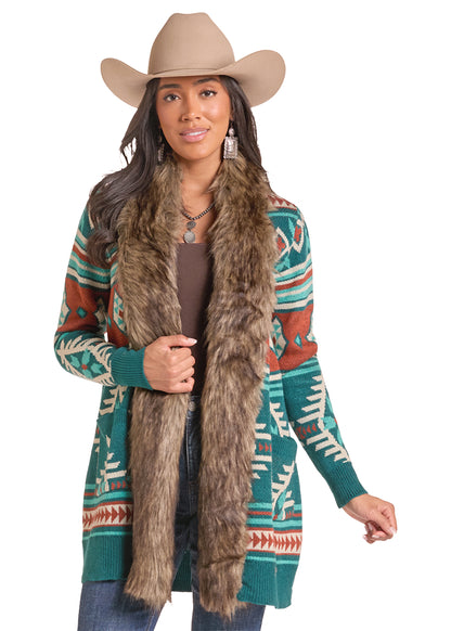 Panhandle Slim Teal Faux Fur Cardigan