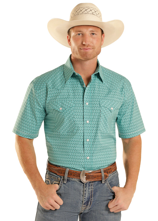 PS Mens Rough Stock Turquoise Short Sleeve Snap Shirt