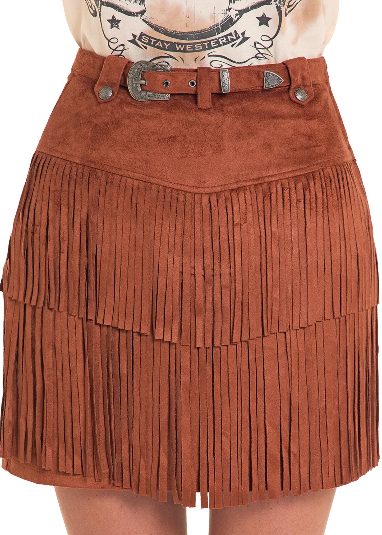 Rock & Roll Denim Fringe Microsuede Belted Skirt
